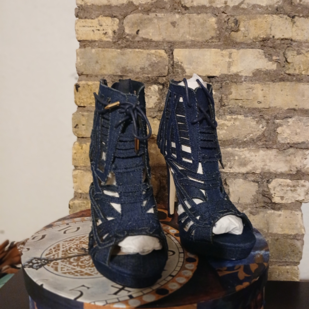 Stylish Denim Lace-Up Heels